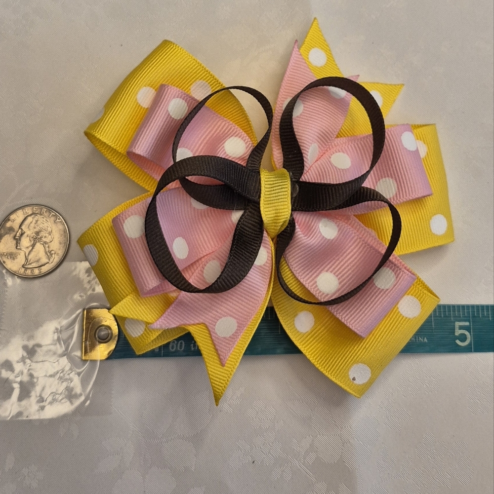 Bubblegum Pink and Yellow Polka Dot & Black Hair Bow Alligator Clip Tiny Callout - Picture 4 of 4